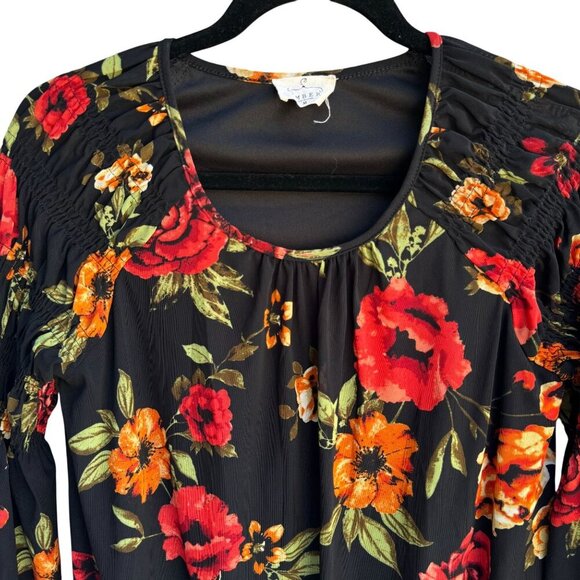 Ember Womens Floral Boho Ruched Bell Sleeves Elastic Hem Flowy Shirt Blouse M - Picture 2 of 11